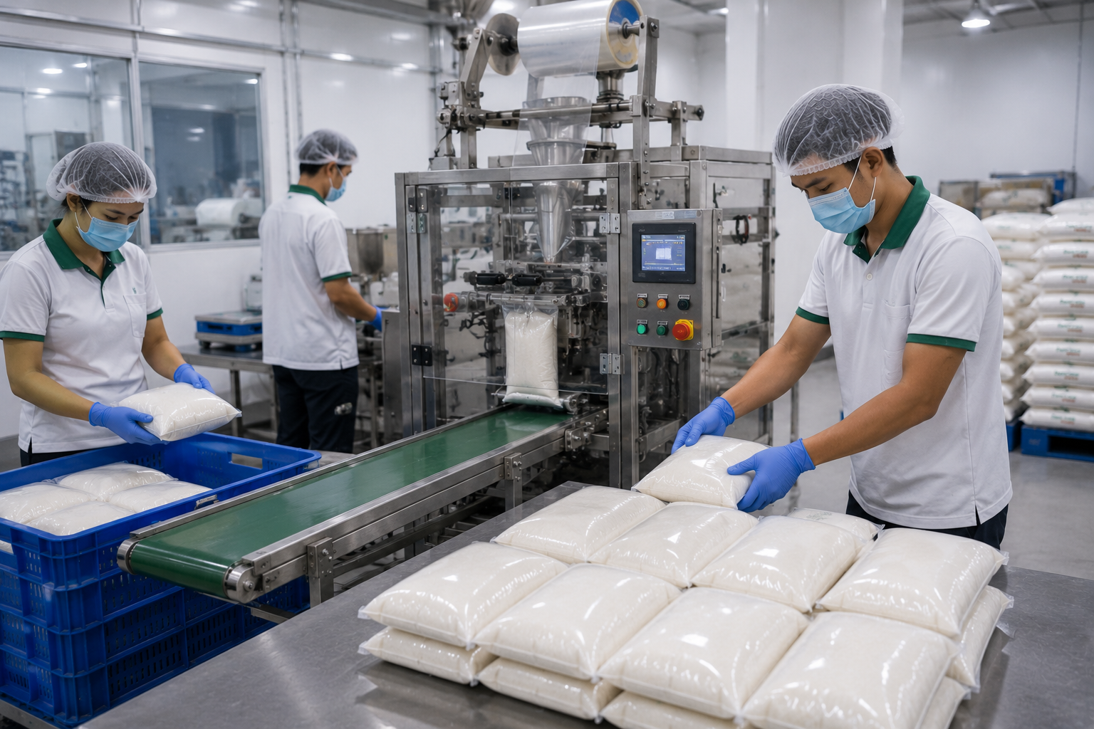 Workers operating a sugar packaging line