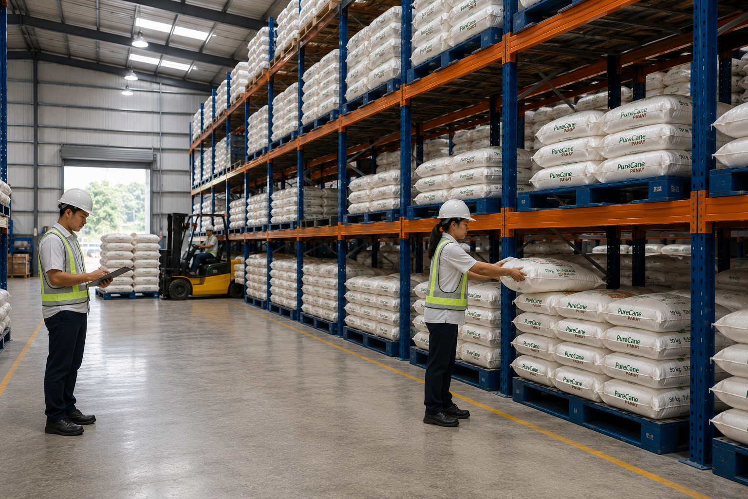 Organized sugar products inside a warehouse